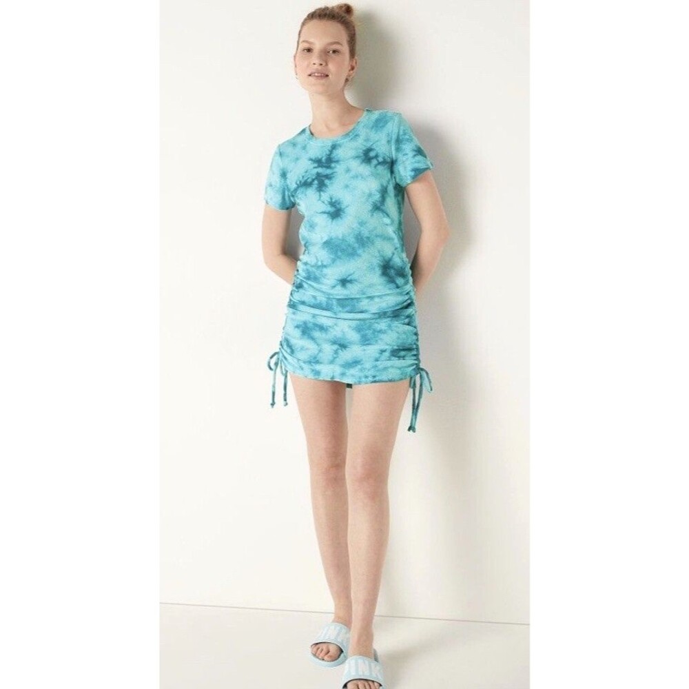 NWT Victoria's Secret PINK Beach Terry Ruched Mini Dress Blue Tie Dye Women L